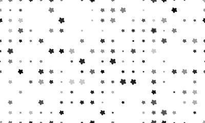 Seamless background pattern of evenly spaced black forget-me-not flowers of different sizes and opacity. Vector illustration on white background