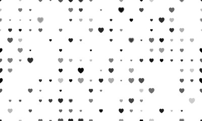 Seamless background pattern of evenly spaced black hearts of different sizes and opacity. Vector illustration on white background