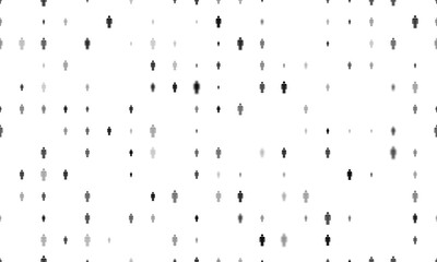 Seamless background pattern of evenly spaced black man symbols of different sizes and opacity. Illustration on transparent background