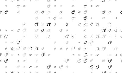 Seamless background pattern of evenly spaced black mars symbols of different sizes and opacity. Vector illustration on white background