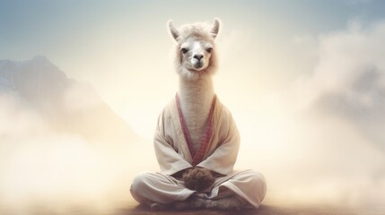 Calm looking alpaca or llama wearing simple clothes, sitting on ground in lotus like position. Zen meditation concept. Banner with space for text at side. Generative AI