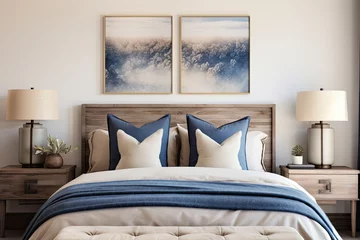 Foto op Aluminium dormitorio con cama y ropa de cama en tonos azules y grises, junto a dos mesitas de madera y cuadros abstractos en pared. © Helena GARCIA
