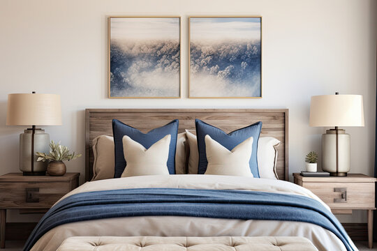 decoracion interior de un dormitorio visto de frente,  con cama y ropa de cama en tonos pastel azules y blancos, dos mesitas de madera rustica , lamparas y cuadros abstractos en pared, banqueta textil