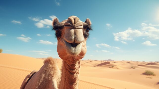 Camel in desert, funny portrait. Generative ai image.