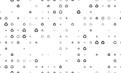 Seamless background pattern of evenly spaced black recycling symbols of different sizes and opacity. Illustration on transparent background