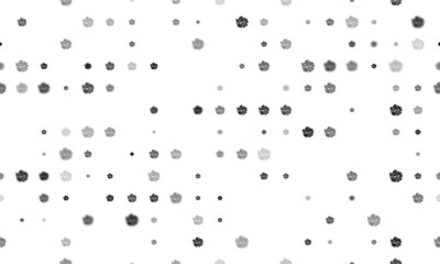 Seamless background pattern of evenly spaced black roses of different sizes and opacity. Illustration on transparent background