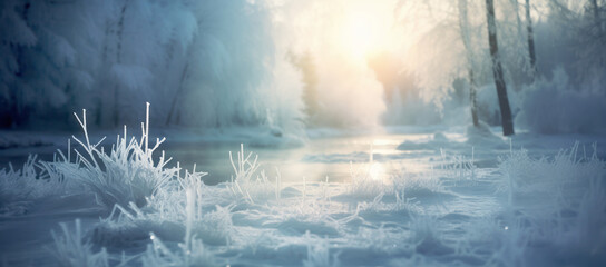 Cold season outdoors landscape, frost grass beside a river in a forest ground covered with ice and snow, under the morning sun - Winter seasonal background - obrazy, fototapety, plakaty