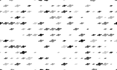 Seamless background pattern of evenly spaced black saturn symbols of different sizes and opacity. Vector illustration on white background
