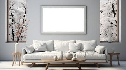 Mockup Poster Frame in a beautifully furnished living room with a stunning view through a large window in winter, Created with Generative AI Technology