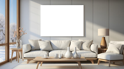 Mockup Poster Frame in a modern living room with stylish furniture and a stunning view from the large window, Created with Generative AI Technology