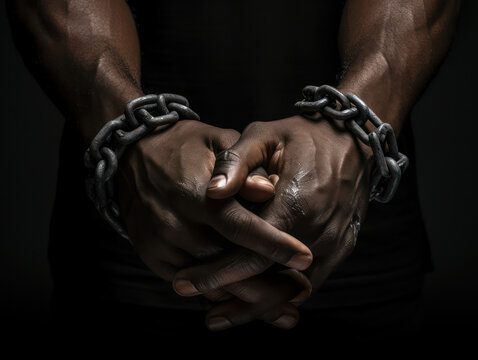 Black man hands in chains. AI generated picture.