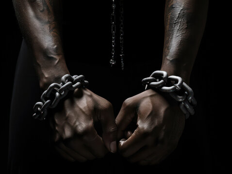 Black man hands in slave chains. Close up. AI generated picture.