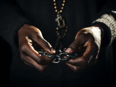 Black man hands close up keeping chain.  AI generated picture.
