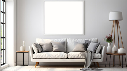 Mockup Poster Frame in a Modern and Minimalist living room with a white couch and a large window, Mockup, 3D rendering, Created with Generative AI Technology