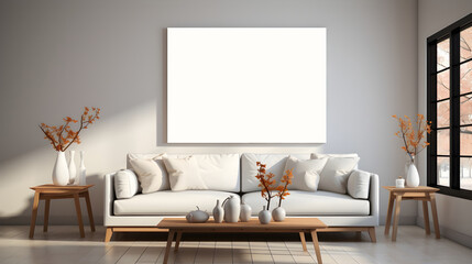 Front view of a modern scandi living room. White wall with large painting, a sleek white couch and a minimalist coffee table, Created with Generative AI Technology