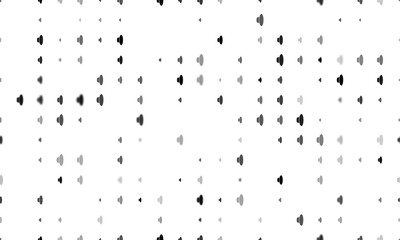 Seamless background pattern of evenly spaced black speaker symbols of different sizes and opacity. Illustration on transparent background