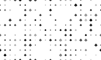 Seamless background pattern of evenly spaced black spades of different sizes and opacity. Vector illustration on white background