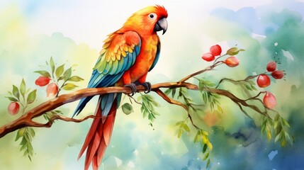 Colorful beautiful parrot on a branch, watercolor illustration.