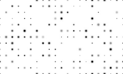 Seamless background pattern of evenly spaced black suns of different sizes and opacity. Vector illustration on white background