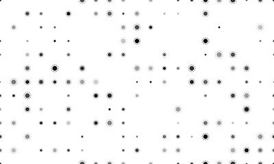 Seamless background pattern of evenly spaced black suns of different sizes and opacity. Illustration on transparent background