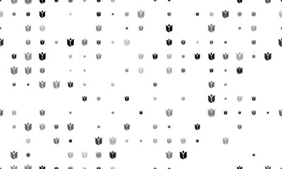 Seamless background pattern of evenly spaced black tulips of different sizes and opacity. Vector illustration on white background