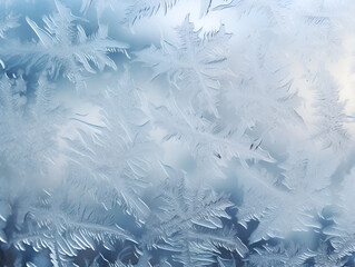 Winter frost on glass with ice crystals, winter background 