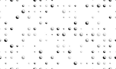 Seamless background pattern of evenly spaced black yin yang symbols of different sizes and opacity. Illustration on transparent background