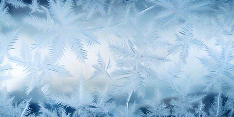 Winter frost on glass with ice crystals, winter background 