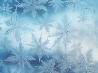 Winter frost on glass with ice crystals, winter background 