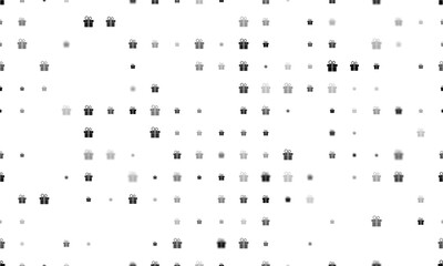 Seamless background pattern of evenly spaced black gift symbols of different sizes and opacity. Illustration on transparent background