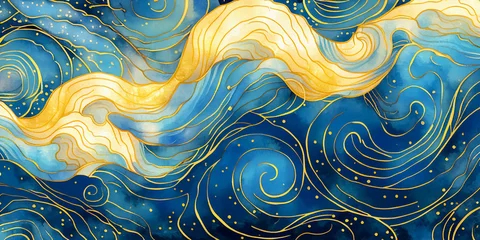 Foto op Canvas Magical fairytale ocean waves art painting. Unique blue and gold wavy swirls of magic water. Fairytale navy and yellow sea waves. Children’s book waves cartoon illustration for kids nursery  © Vita