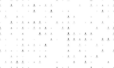 Seamless background pattern of evenly spaced black garland light bulb symbols of different sizes and opacity. Illustration on transparent background