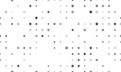 Seamless background pattern of evenly spaced black coronavirus symbols of different sizes and opacity. Illustration on transparent background