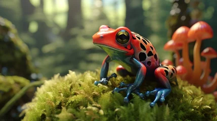 Deurstickers Generative AI illustration of closeup of vivid multicolored strawberry poison dart frog sitting on green moss in wild nature. © Nairobi 