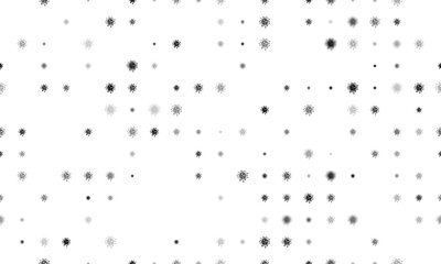 Seamless background pattern of evenly spaced black coronavirus symbols of different sizes and opacity. Vector illustration on white background