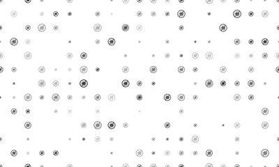Seamless background pattern of evenly spaced black stop coronavirus symbols of different sizes and opacity. Vector illustration on white background