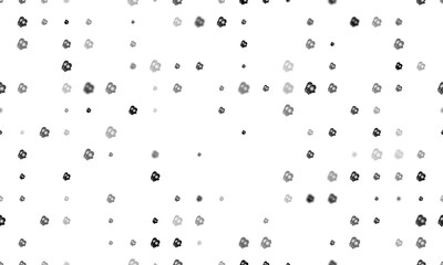 Seamless background pattern of evenly spaced black mittens symbols of different sizes and opacity. Illustration on transparent background