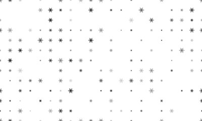 Seamless background pattern of evenly spaced black snowflakes of different sizes and opacity. Illustration on transparent background