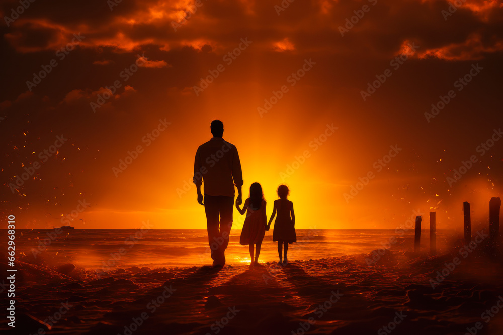 Wall mural silhouettes of parents with a child walking on the evening beach,  generative ai - Wall murals