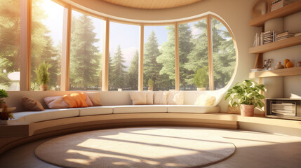Fototapeta premium room of big bright apartment with big panorama windows, sofa and pillows, green forest or park behind glass