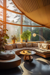 Fototapeta premium room of big bright apartment with big panorama windows, sofa and pillows, green forest or park behind glass
