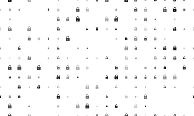 Seamless background pattern of evenly spaced black padlock symbols of different sizes and opacity. Illustration on transparent background