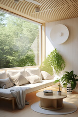 Fototapeta premium room of big bright apartment with big panorama windows, sofa and pillows, green forest or park behind glass
