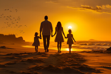silhouettes of parents with a child walking on the evening beach,  generative ai