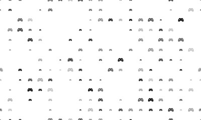 Seamless background pattern of evenly spaced black joystick symbols of different sizes and opacity. Illustration on transparent background