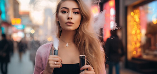a young woman walking down the street vaping while holding a vape tank.