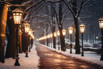 evening snow-covered alley with warm street lamps generative ai
