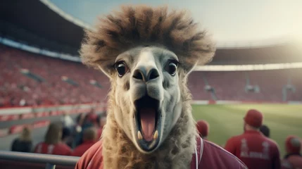 Foto auf Acrylglas llama football fan in tracksuit emotionally shouts at stadium background, Generative AI © Nairobi 