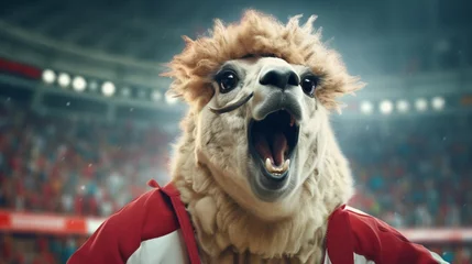 Abwaschbare Fototapete Lama llama football fan in tracksuit emotionally shouts at stadium background, Generative AI