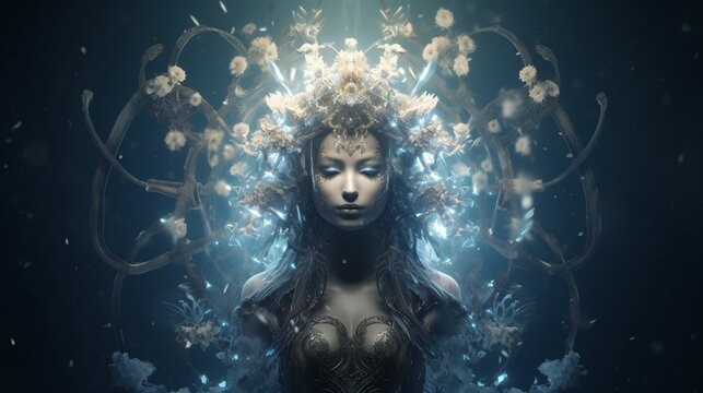 Picture made with generative AI of surreal mysterious creature goddess with flowers wreath